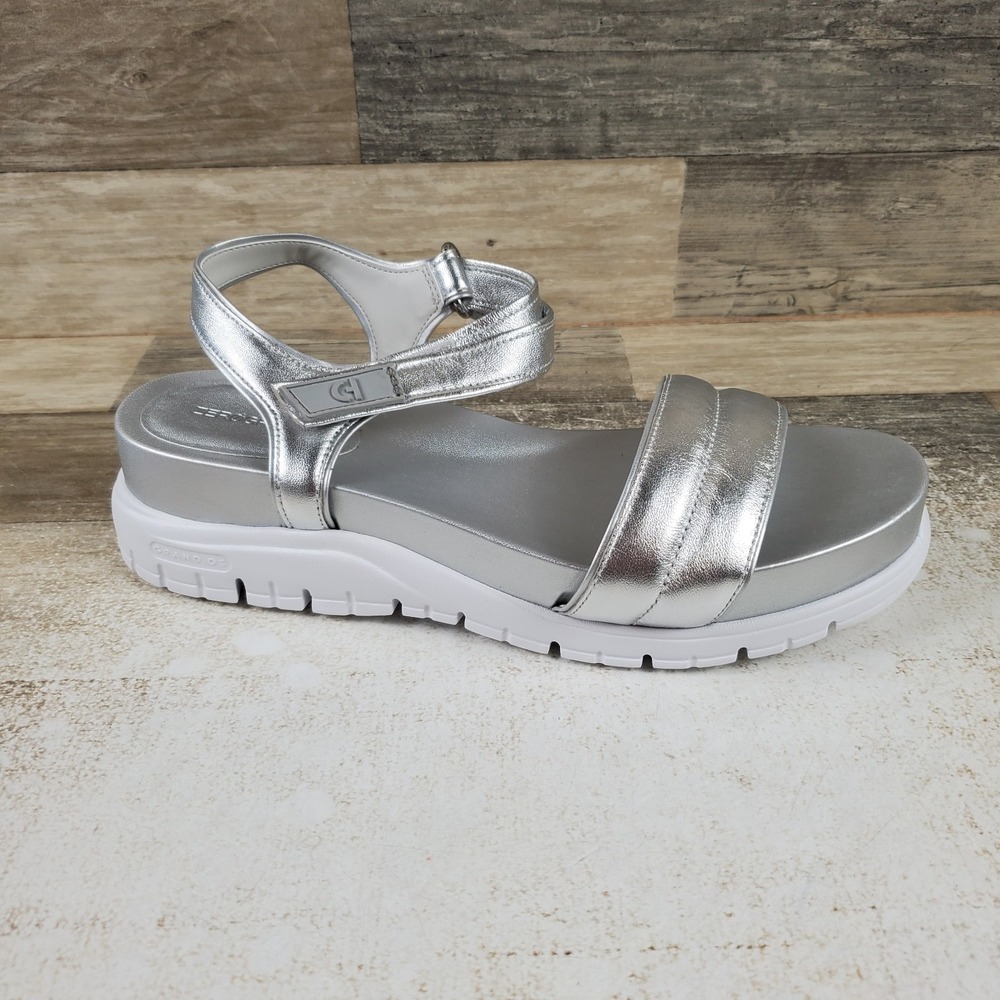 Cole Haan Zerogrand Womens Sandals Sz 9.5 B Silver Metallic White Ankle Strap